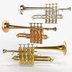 3D Piccolo Trumpet  Three Types of Materials  Brass  Copper and Silver