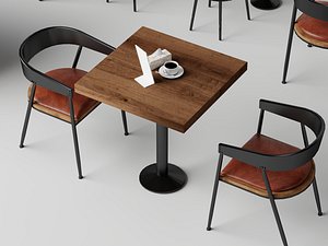 3D Cafe Wooden Dining Table And Chair Set 3D Model Pack