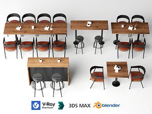 3D Cafe Wooden Dining Table And Chair Set 3D Model Pack