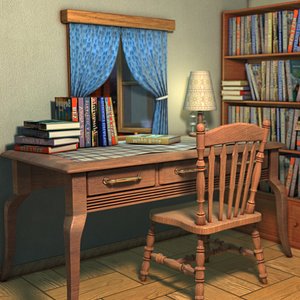 Desk chair desk bookcase desktop scene 3D model