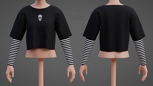 3D Y2K Grunge Crop top - Gothic Stripes Long Sleeve Fake 2 piece crop shirt