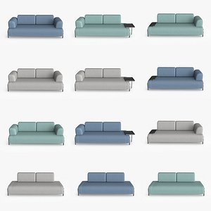 3D model 3-seater Blue Sofa With Small Tray 3 colors multivariable