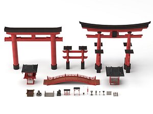3D Traditional Japanese Shinto Shrine Torii Gate Bridge Set model