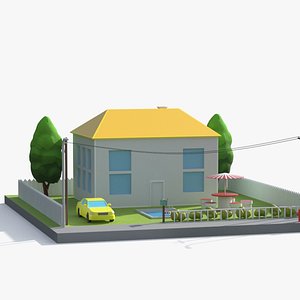 Stylized Suburban House with Pool and Yard