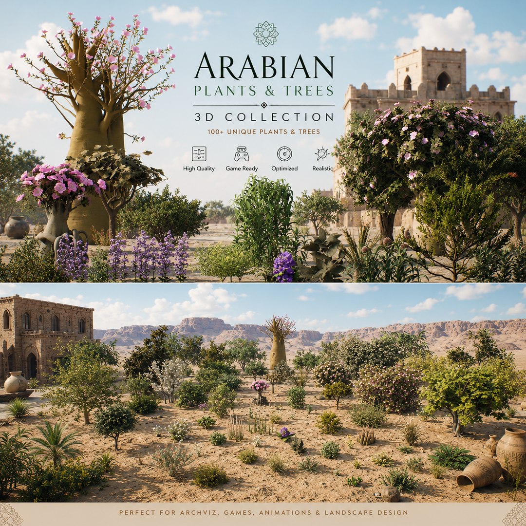 Arabian Landscape Plants and Trees 3D Pack model https://p.turbosquid.com/ts-thumb/hA/ymNaBY/hS/arabianflora3/png/1779578997/1920x1080/fit_q87/6ca801ac4924e28df211d8cc176d4555330fe826/arabianflora3.jpg