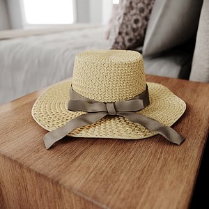 Detailed Straw Rattan Braided Hat With Silk Ribbon
