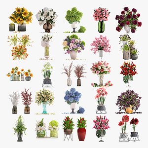 Collection of decorative bouquets of flowers in vases 39 pieces