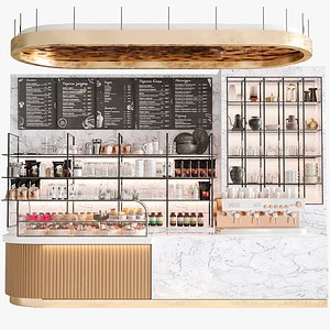 3D Design project of a cafe with a showcase with desserts model