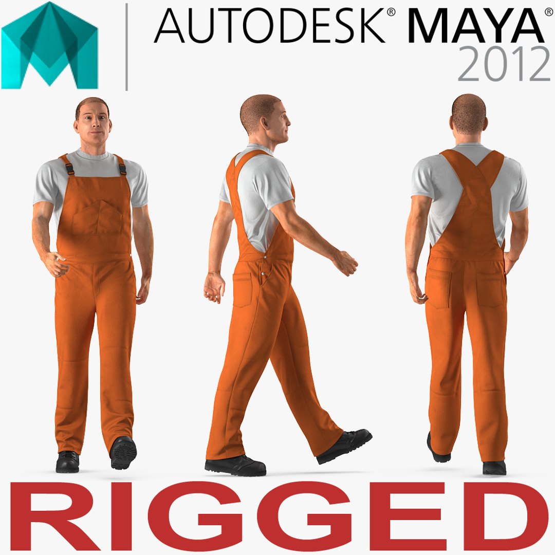 Worker Wearing Orange Overalls Rigged for Maya 3D Model 3D model preview