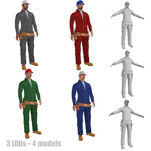 3d pack rigged worker lods model