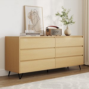 Light Wood Wide Chest of Drawers Bedroom Interior 3D Scene