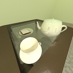 Tea cup, saucer, kettle, spoon & cheese toast