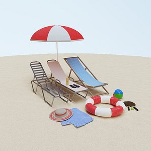 Beach Collection - Flip-Flops Deck Chair Rackets Life Buoy Towel 3D model