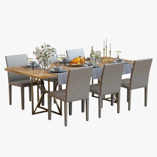 3d Table Set With Food 01 Crate And, Dining Table Barrel Chairs