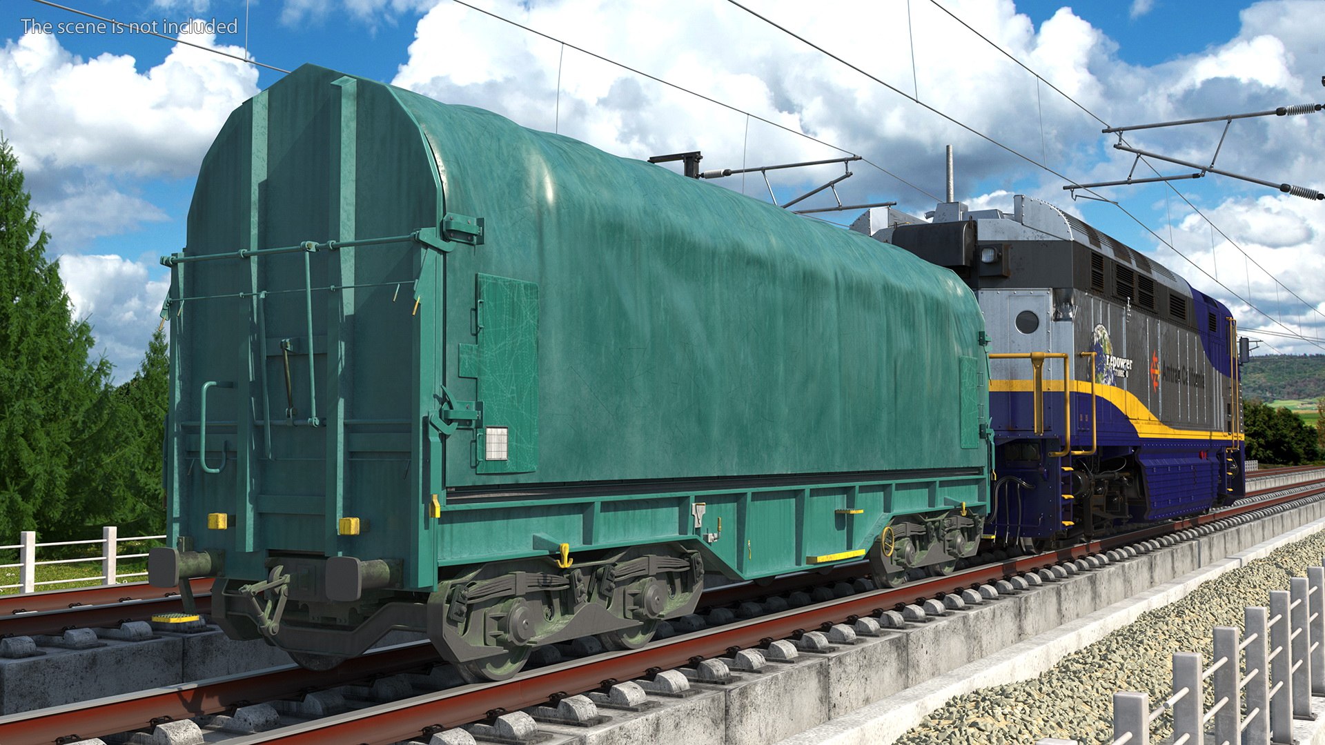 3D Model Diesel Electric Locomotive With Tarpaulin Freight Wagon.