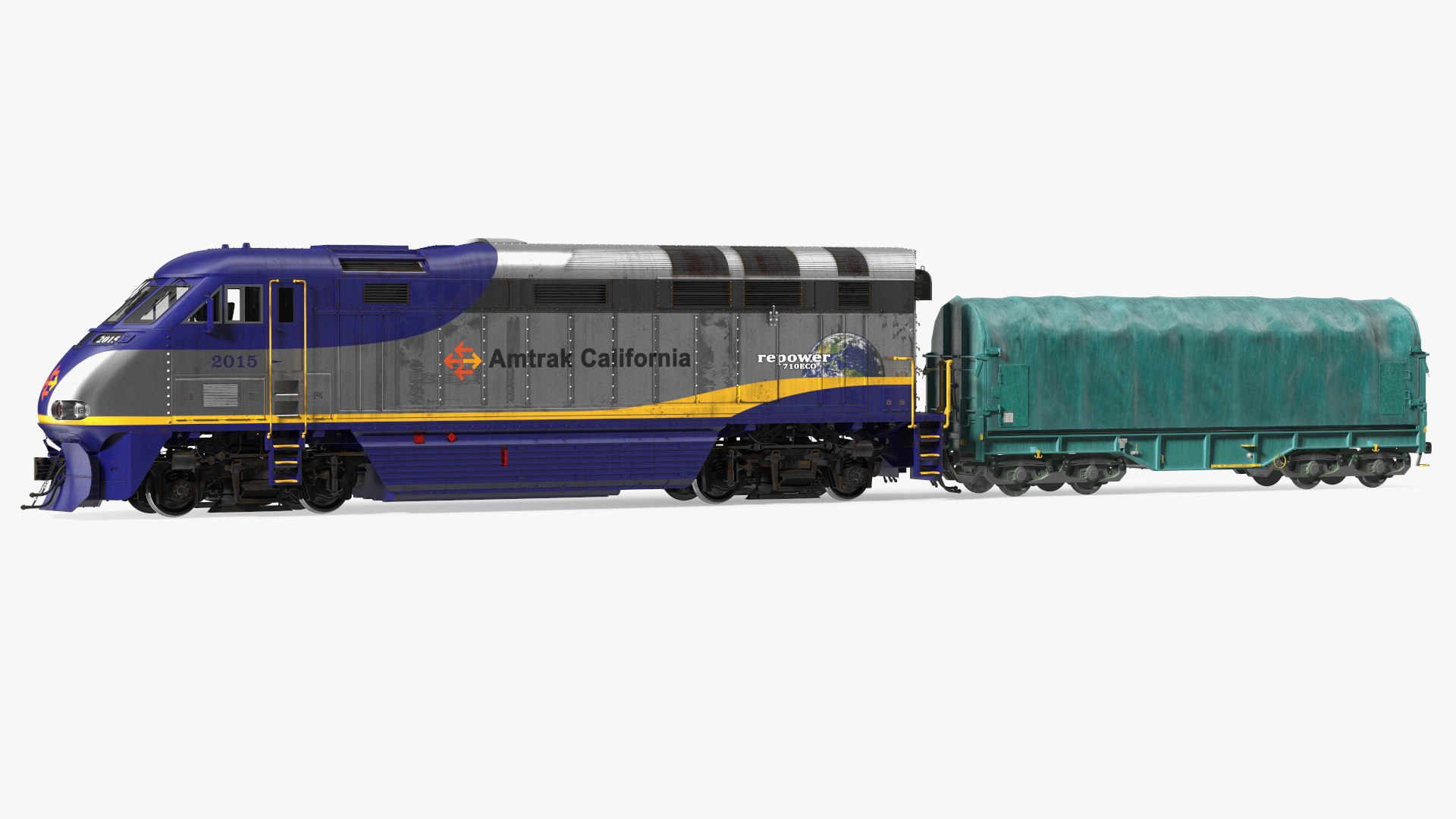 Diesel Electric Locomotive with Tarpaulin Freight Wagon 3D model preview