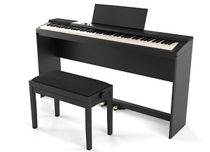 Digital black piano keyboard with piano bench