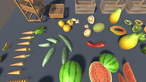 Fruits and Vegetables 3D Asset Pack with Wooden Crates  Game Ready Food Props 3D model