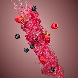 3D Animated Berry Juice Swirl with 3D Scanned Fruits