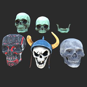 Stylized 3D Skull Collection with Viking Helmet Cyber Skulls Game-Ready Models
