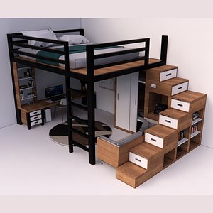3D model Loft Style Bed with Study Table