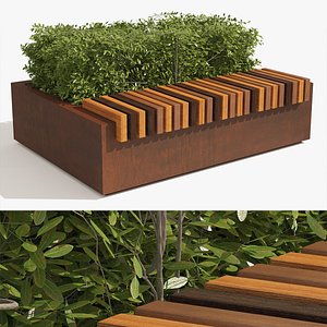 3D Outdoor Bench with shape topiary plant model