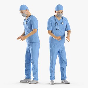 3D model Operating Room Doctor T Pose Blue Rigged for Cinema 4D