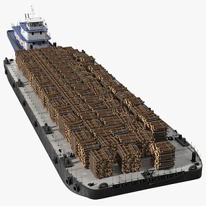 Push Boat Ship with Pontoon Barge Loaded Wood Logs 3D