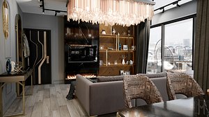 3D Living Room and Kitchen