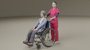 Nursing care set person and wheelchair 3D model