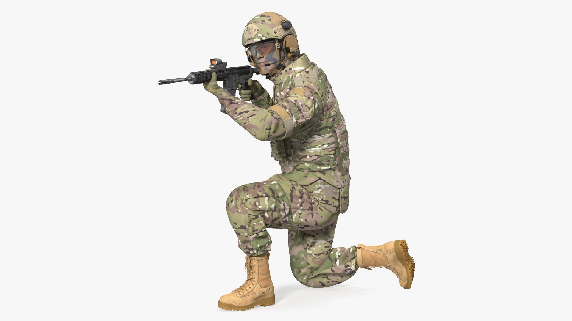 Army Soldier in Green Camo with Rifle Aiming 3D model preview