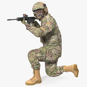 3D Army Soldier in Green Camo with Rifle Aiming