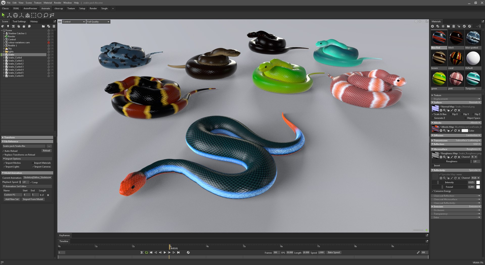 Snake Set Animated Rigged 8 Colour Variations Pack Collection Low Poly ...