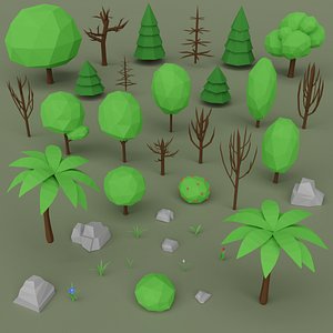 Low Poly Trees Rocks Flowers