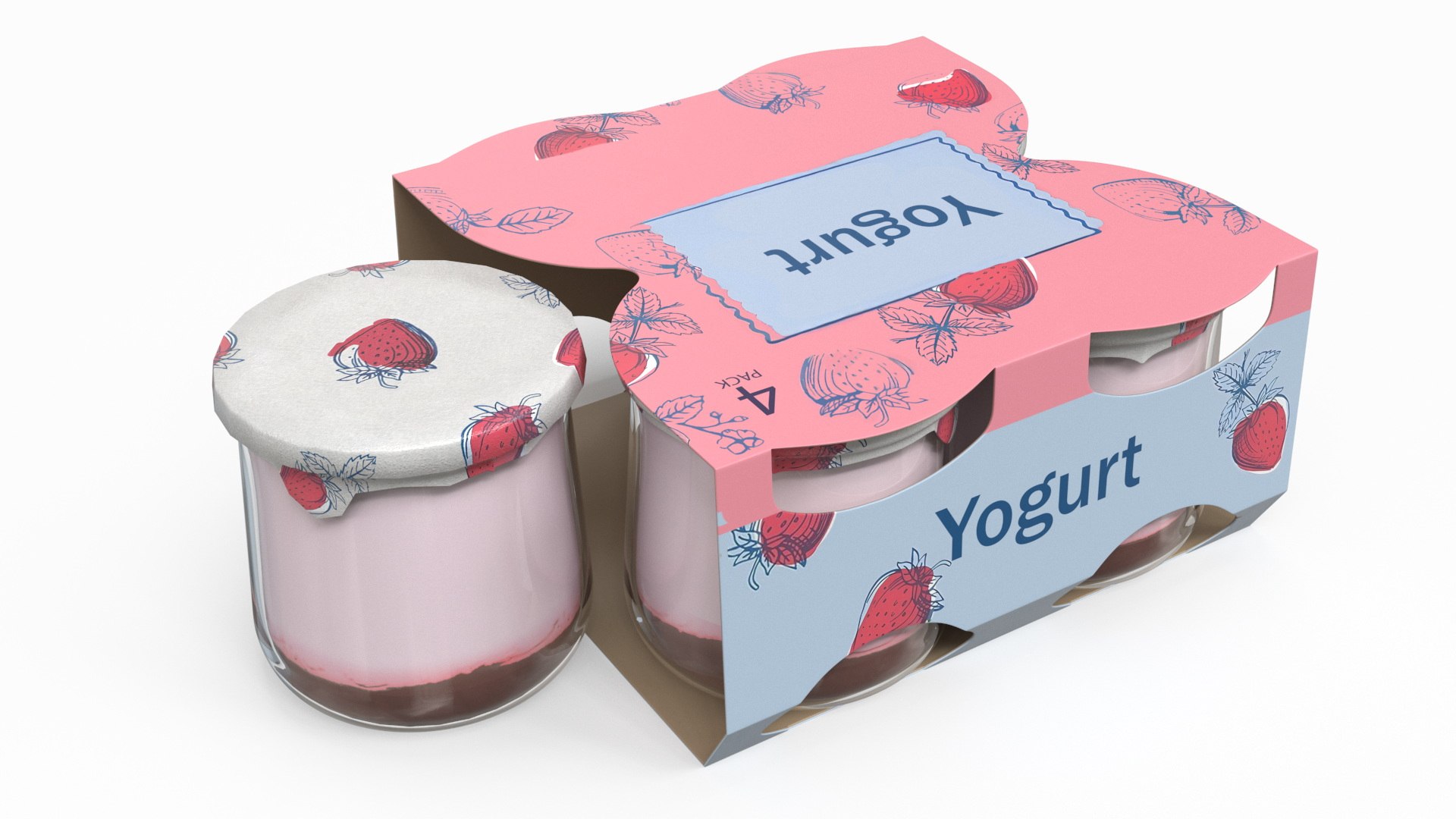 Strawberry Yogurt Pack with Four Glass Jars 3D model preview