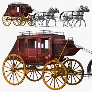 3D model Four Horses with Stagecoach