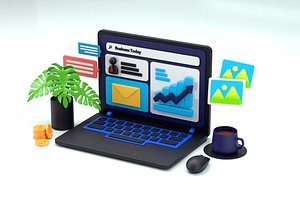 Laptop with Business Today 3D Illustration Low-poly 3D model 3D model