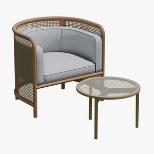 Modern Cane Lounge Chair with Side Table