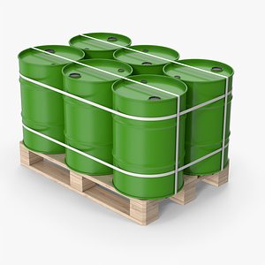 Green Barrels On Wooden Pallet 3D model