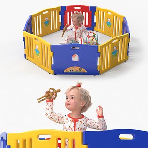 3D Baby Girl in Playpen with Toys Fur Rigged
