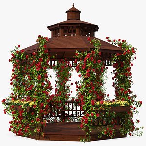 3D wooden gazebo covered red roses model