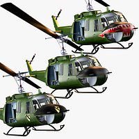 3x1 UH1 Huey Inspired Helicopter Bundle 3 Military Texture Variants Game Ready