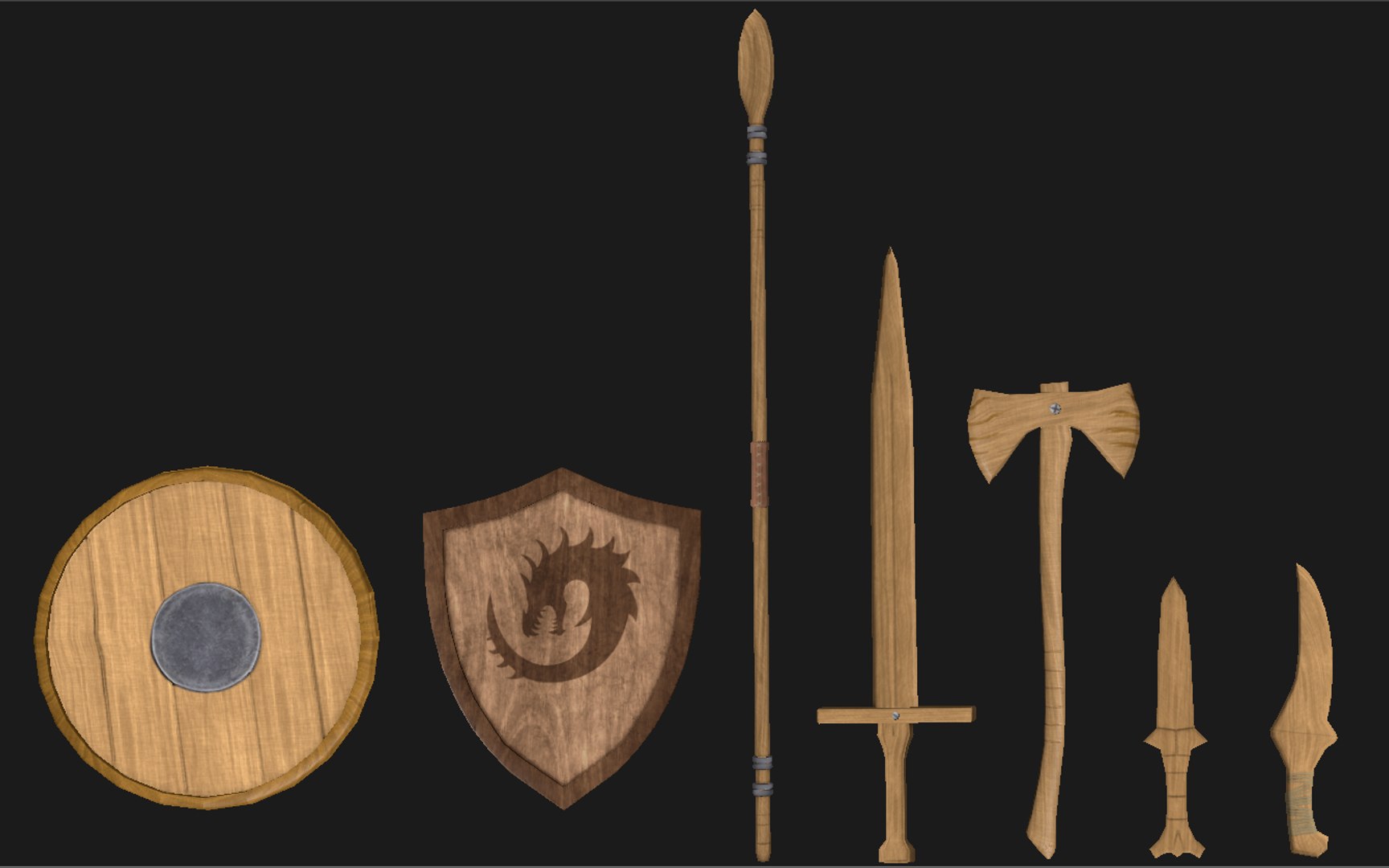 3D set wooden model https://p.turbosquid.com/ts-thumb/hn/72dyoN/iH6ZsySe/wooden_weapons1/png/1505547410/1920x1080/fit_q87/c0b18279b6cac8e21a840d2b8e396f318f49ae86/wooden_weapons1.jpg