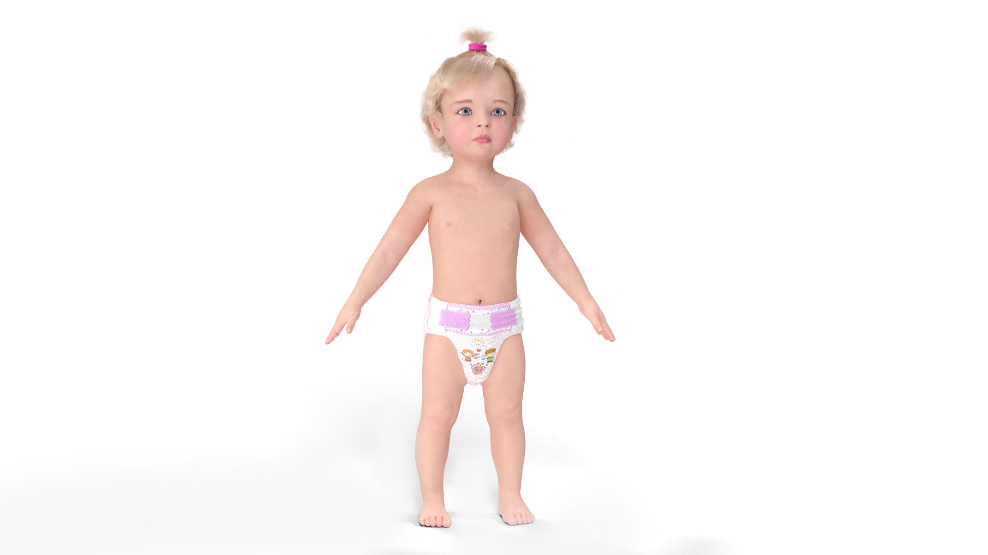 Baby Girl Wearing Diaper A-Pose Fur 3D model preview