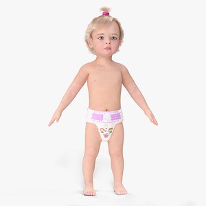 3D Baby Girl Wearing Diaper A-Pose Fur