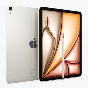 3D Apple iPad Air 11 2024 Starlight with Pencil model