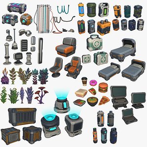 Stylized Sci-Fi Cyberpunk Barrels Beds Batteries Cables Canisters Chests Computers Crates Food Holograms Lights Medical Kits Plants Boxes Props Collection