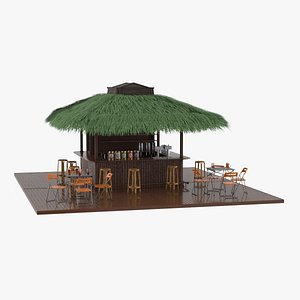 3D Wooden Deck Beach Beer Bar with Green Straw Roof model