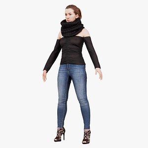 Woman in Jeans Black Top and Scarf Standard Pose Remastered 3D