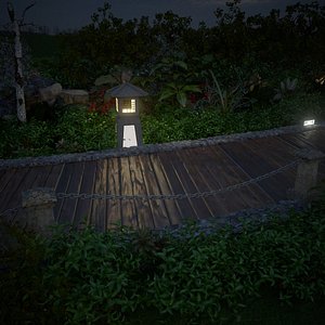 3D Park path under street lights at dusk